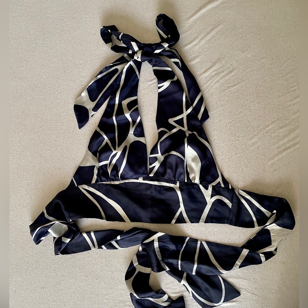 navy blue and white satin halter neck crop top
